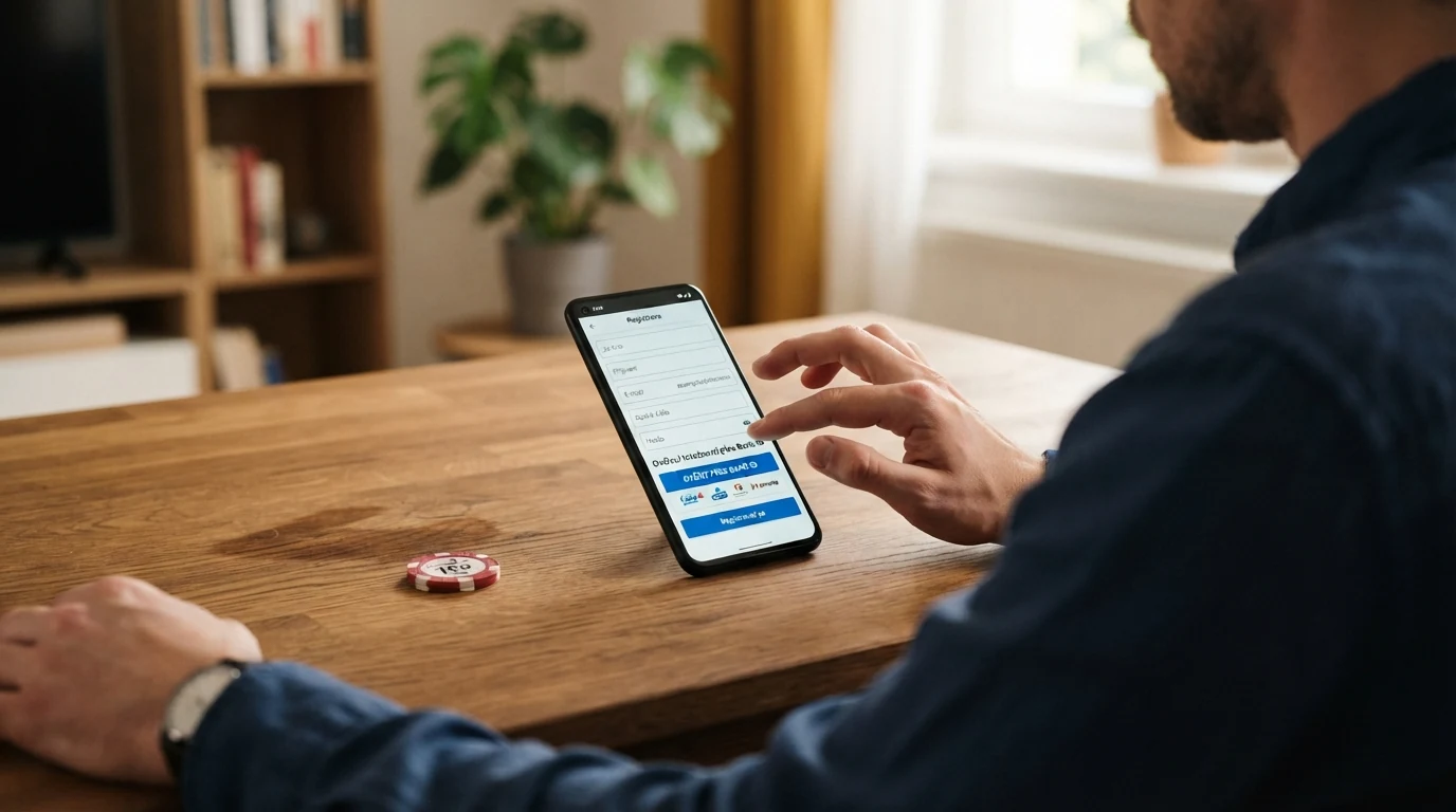 Registrační formulář online kasina s polem pro ověření totožnosti a potvrzením herních limitů