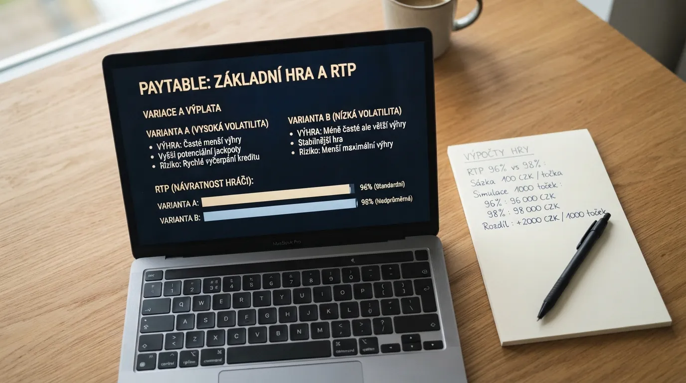 Detail výherního automatu s viditelným informačním panelem zobrazujícím hodnotu RTP, volatilitu a výplatní tabulku