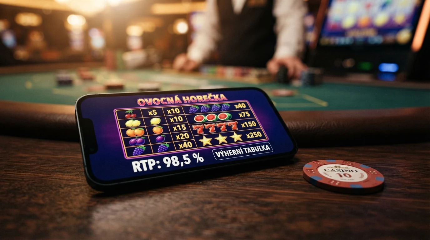 Displej výherního automatu s vysokým RTP — detail na paytable a pole s výherními liniemi.