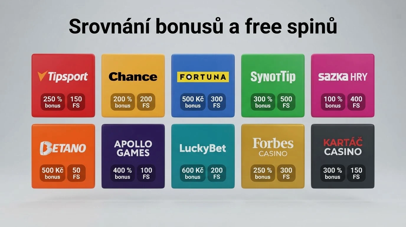 Rozcestník log deseti českých licencovaných casin v mřížce — řazeno podle zvýrazněné nabídky free spinů