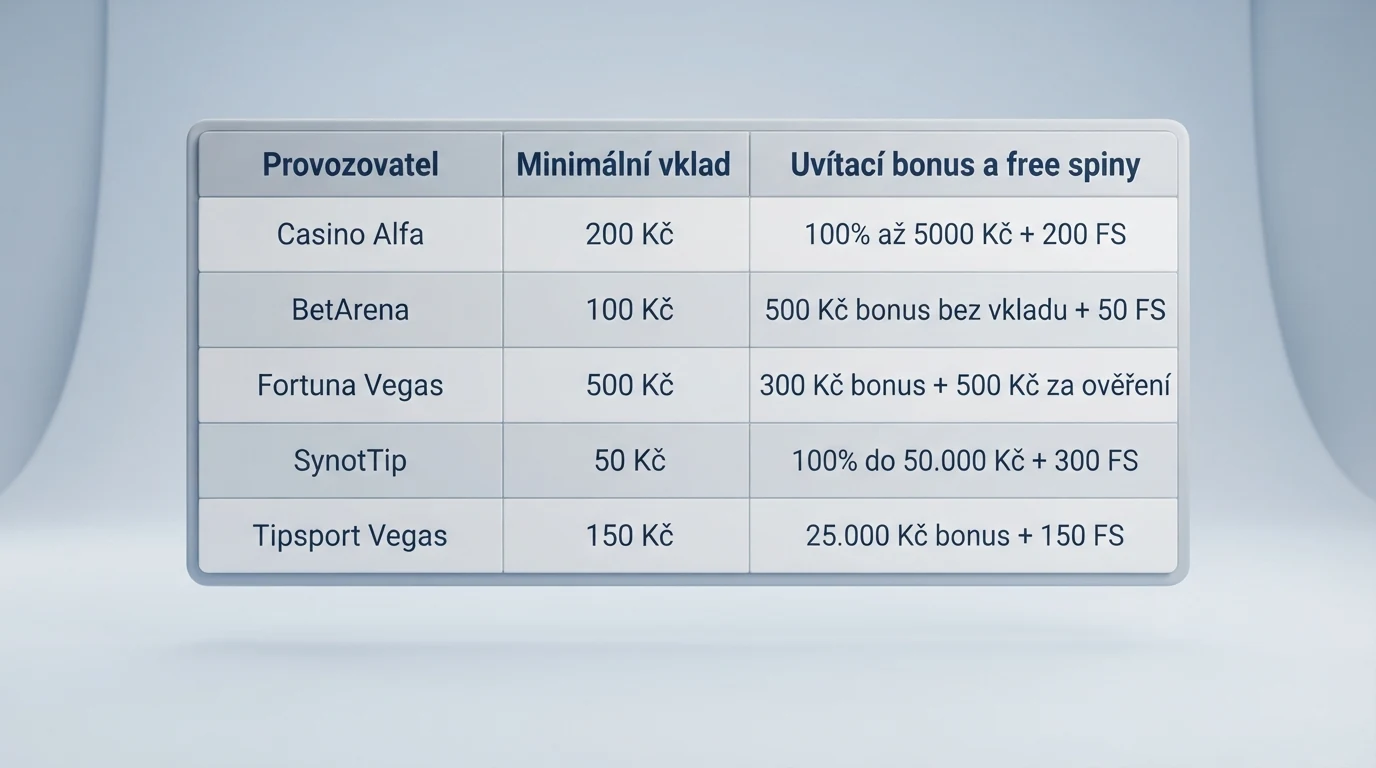 Srovnávací tabulka deseti českých online casin s údaji o minimálním vkladu, uvítacím bonusu a volných spinech