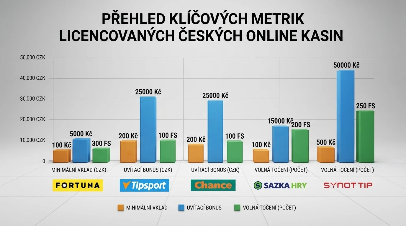 Přehledná infografika srovnávající klíčové parametry deseti online casin – minimální vklad, uvítací bonus a počet free spinů