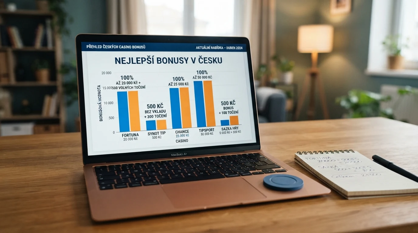 Tabulka porovnávající bonusy bez vkladu deseti českých online casin