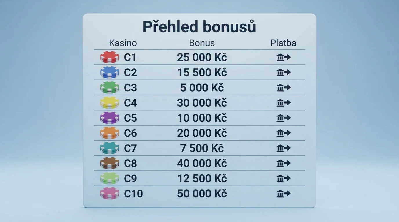 Tabulka s deseti kasiny, jejich licencemi a uvítacími bonusy