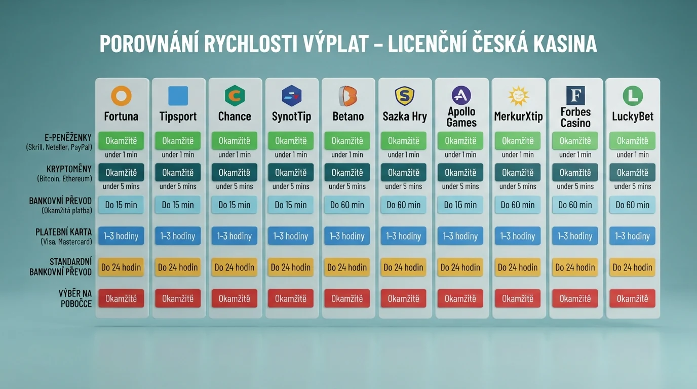 Infografika porovnávající loga deseti licencovaných kasin s barevně odlišenými časy výplaty u jednotlivých platebních metod