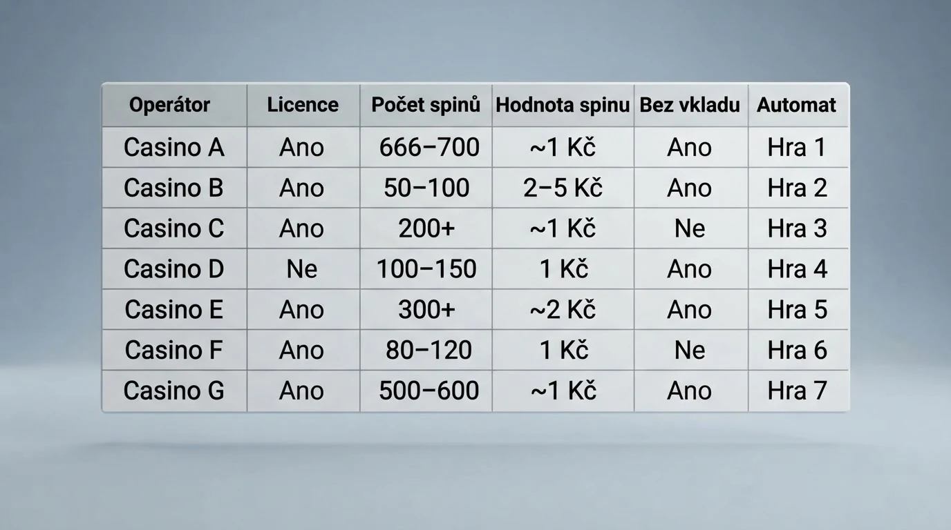 Srovnávací tabulka deseti operátorů s počty free spinů, hodnotou spinu a podmínkami