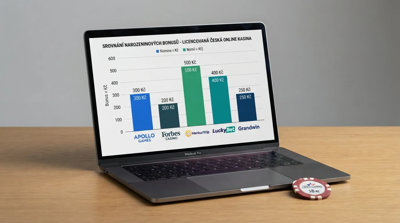 Rozložená srovnávací tabulka s logy deseti českých online casin a zvýrazněnými hodnotami bonusů