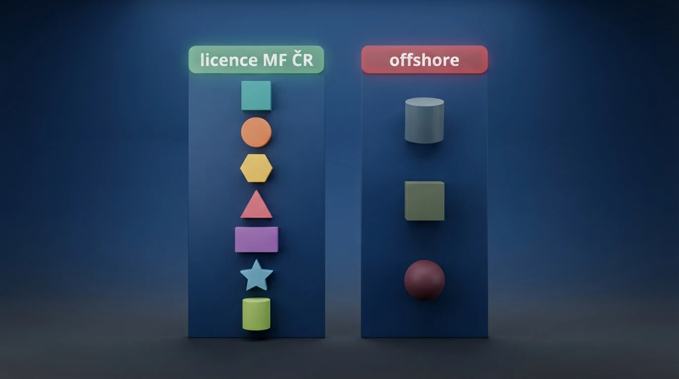 Srovnávací tabulka s logy operátorů a dvěma výraznými sloupci — zelený „licence MF ČR“ a červený „offshore“