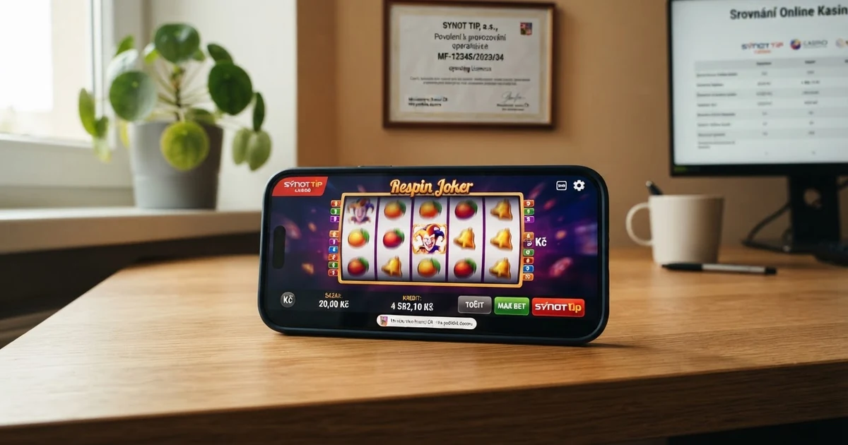 Telefon s otevřenou casino aplikací, na pozadí výřez srovnávací tabulky