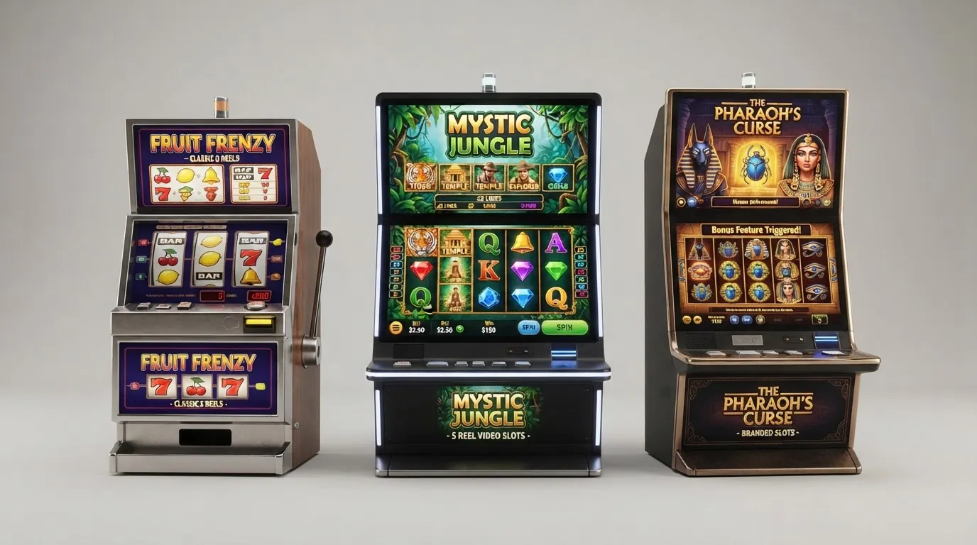 Koláž ukázek různých typů hracích automatů — klasický tříválcový, ovocný a moderní video automat