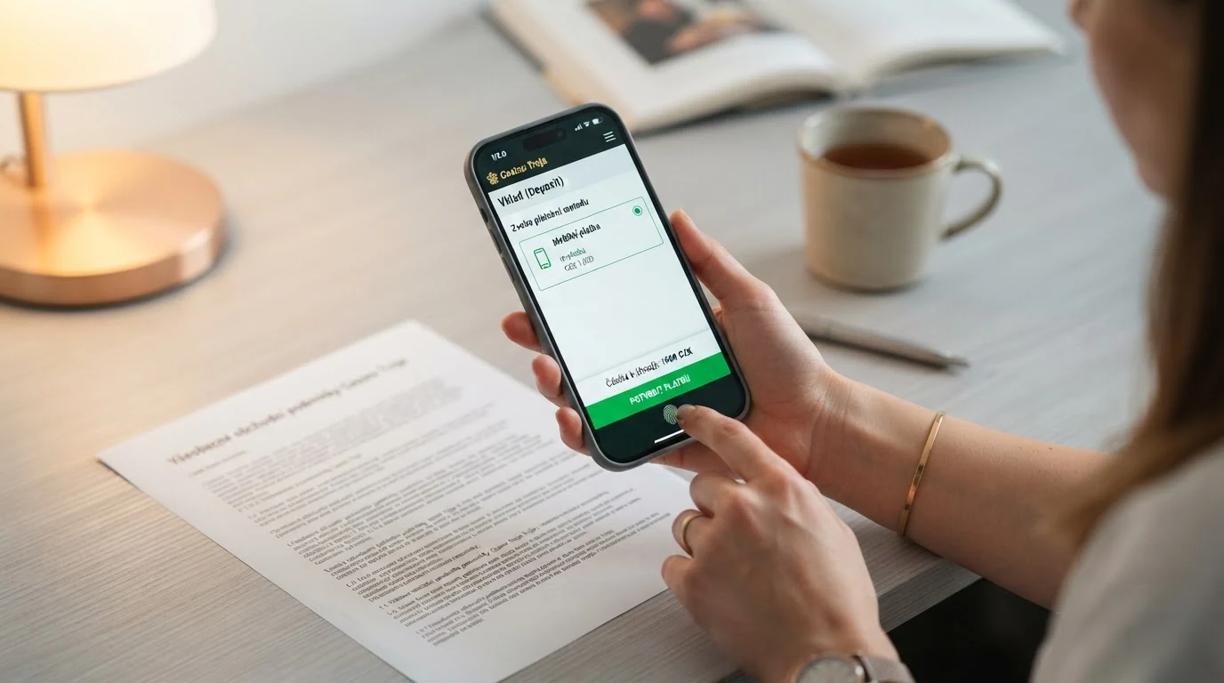 Sekvence kroků vkladu přes Google Pay — výběr částky v pokladně casina, biometrické ověření na mobilu a potvrzení transakce