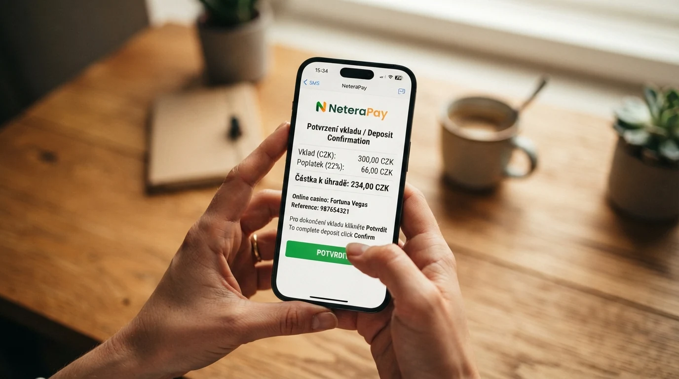 Displej mobilního telefonu s potvrzením SMS vkladu do online casina, částka 300 Kč a informace o poplatku 66 Kč