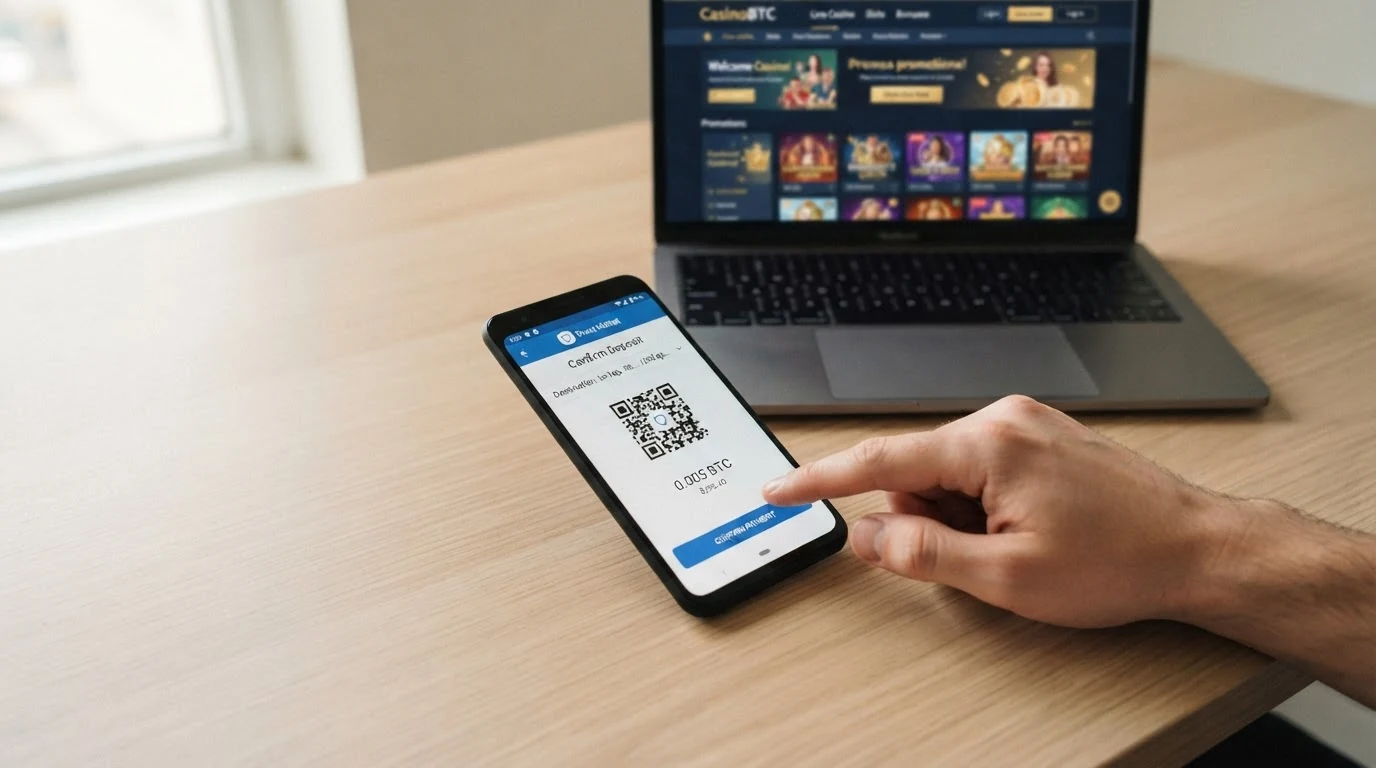 Obrazovka mobilní ETH peněženky s QR kódem a adresou kasina, vedle potvrzovací dialog transakce