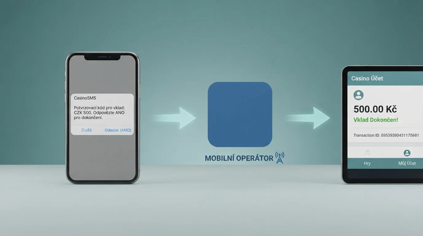 Infografika postupu SMS vkladu: telefon s odeslanou SMS, šipka k logu operátora, šipka k hernímu účtu s připsaným kreditem