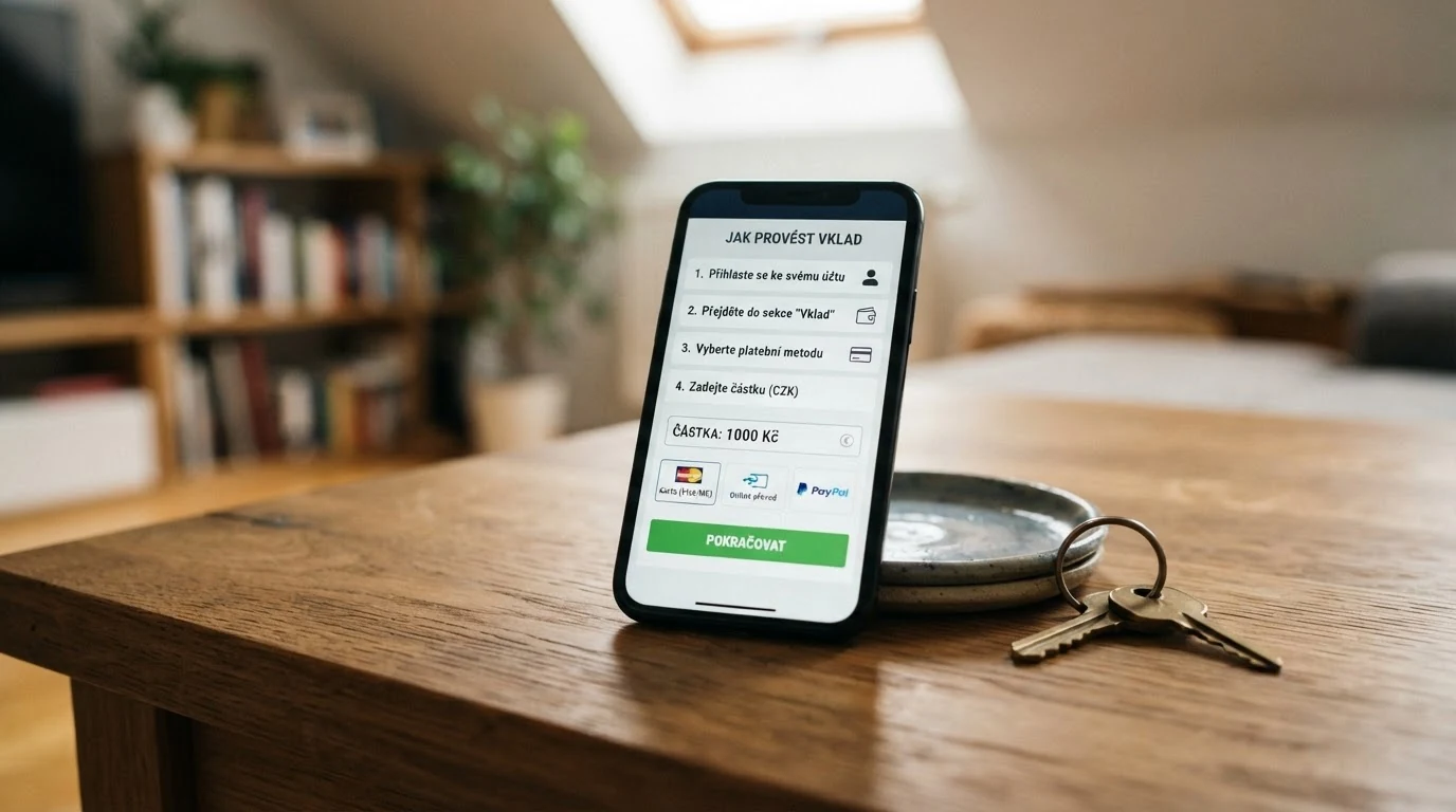 Mobilní telefon zobrazující průvodce vkladem přes Trustly krok za krokem od výběru částky po potvrzení v bance