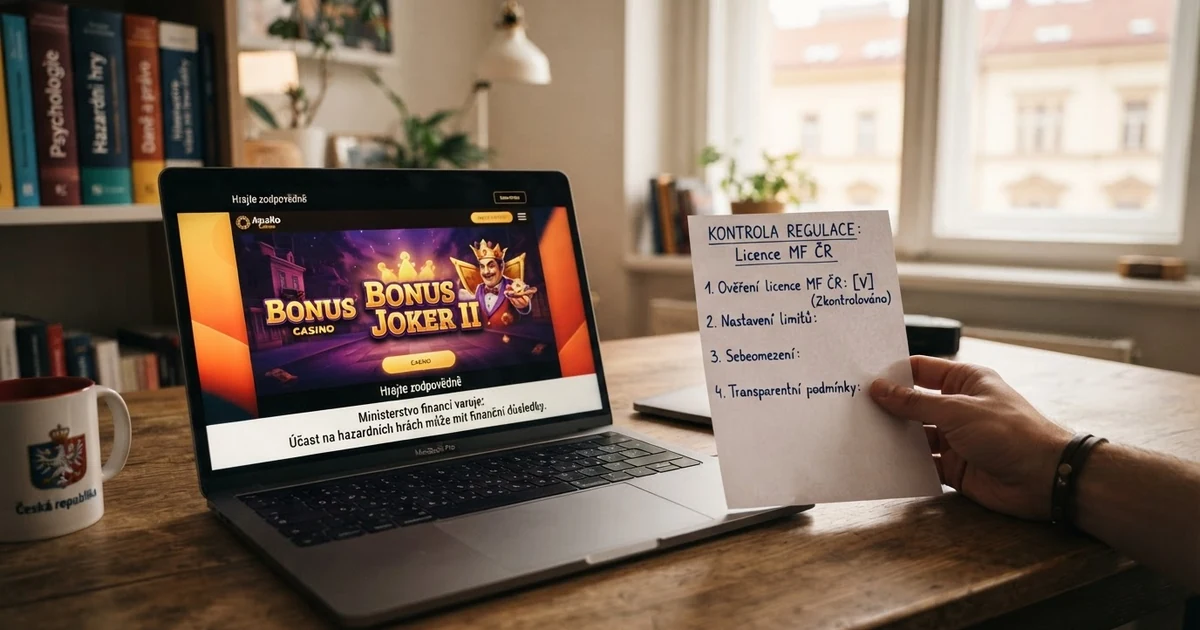 Regulované online casino na monitoru — vedle něj v ruce psaný seznam s nadpisem „Licence MF ČR“ a zatrženou položkou