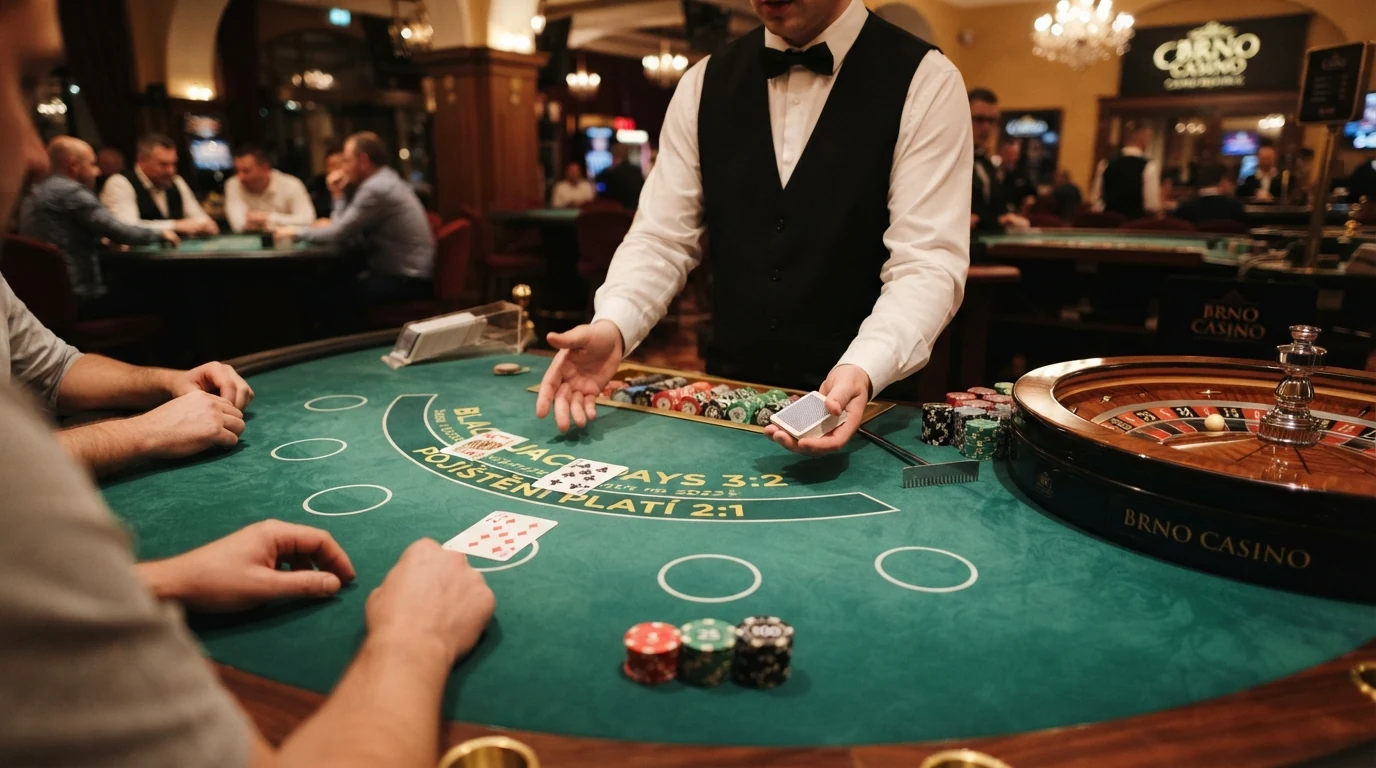 Detail rulety a blackjackového stolu s krupiérem v brněnském kamenném casinu