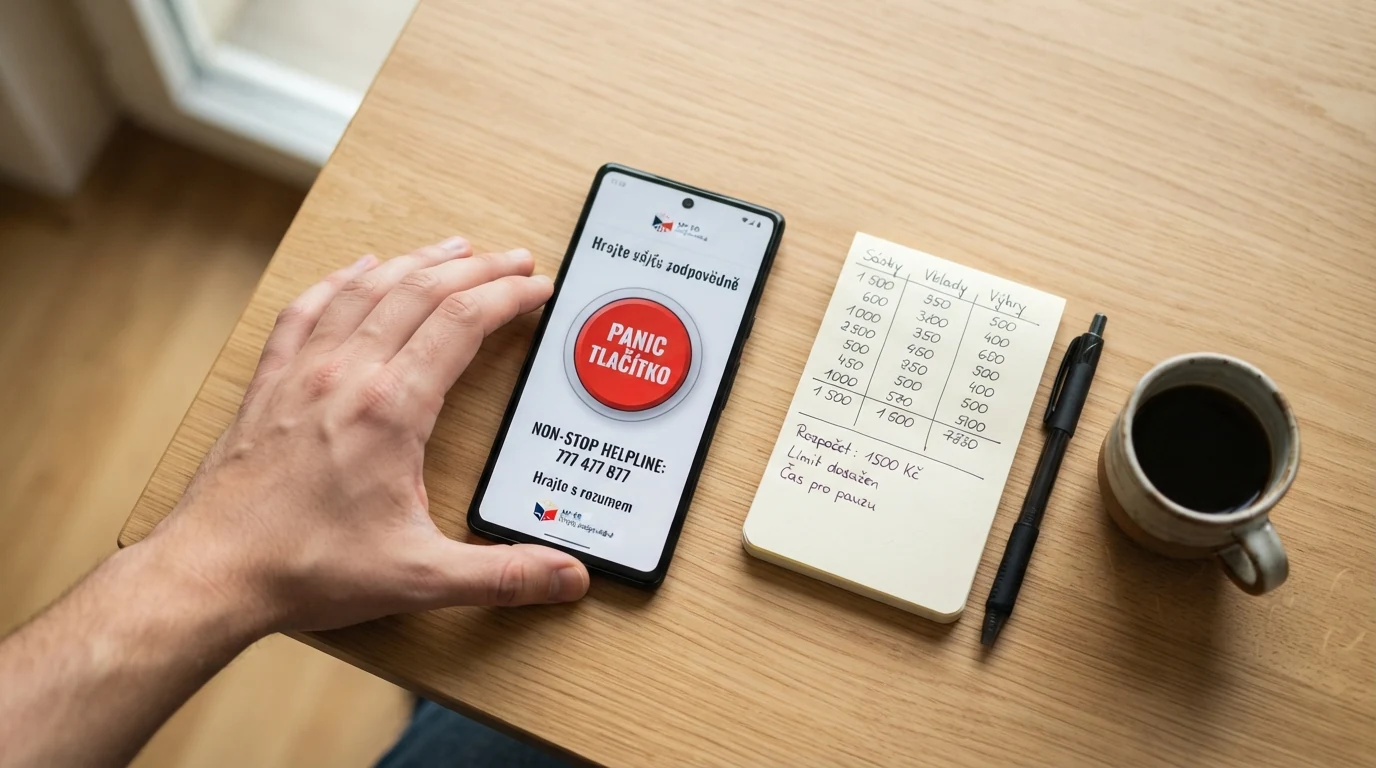 Telefon s vytočenou linkou pomoci a ikonou panic buttonu na obrazovce